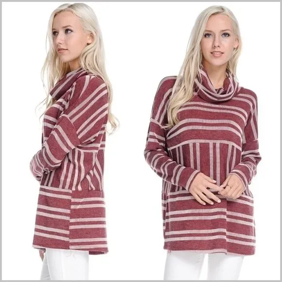 Burgundy Striped Turtleneck Pullover Top - Picture 4 of 8